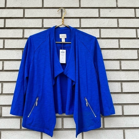 NWT Chico’s Knit Drape-Front Jacket Majestic Blue - Picture 2 of 11